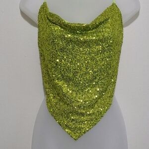 Boutique Women's Chartreuse Sequined Halter Cowl Neck Backless Asymetrical Top